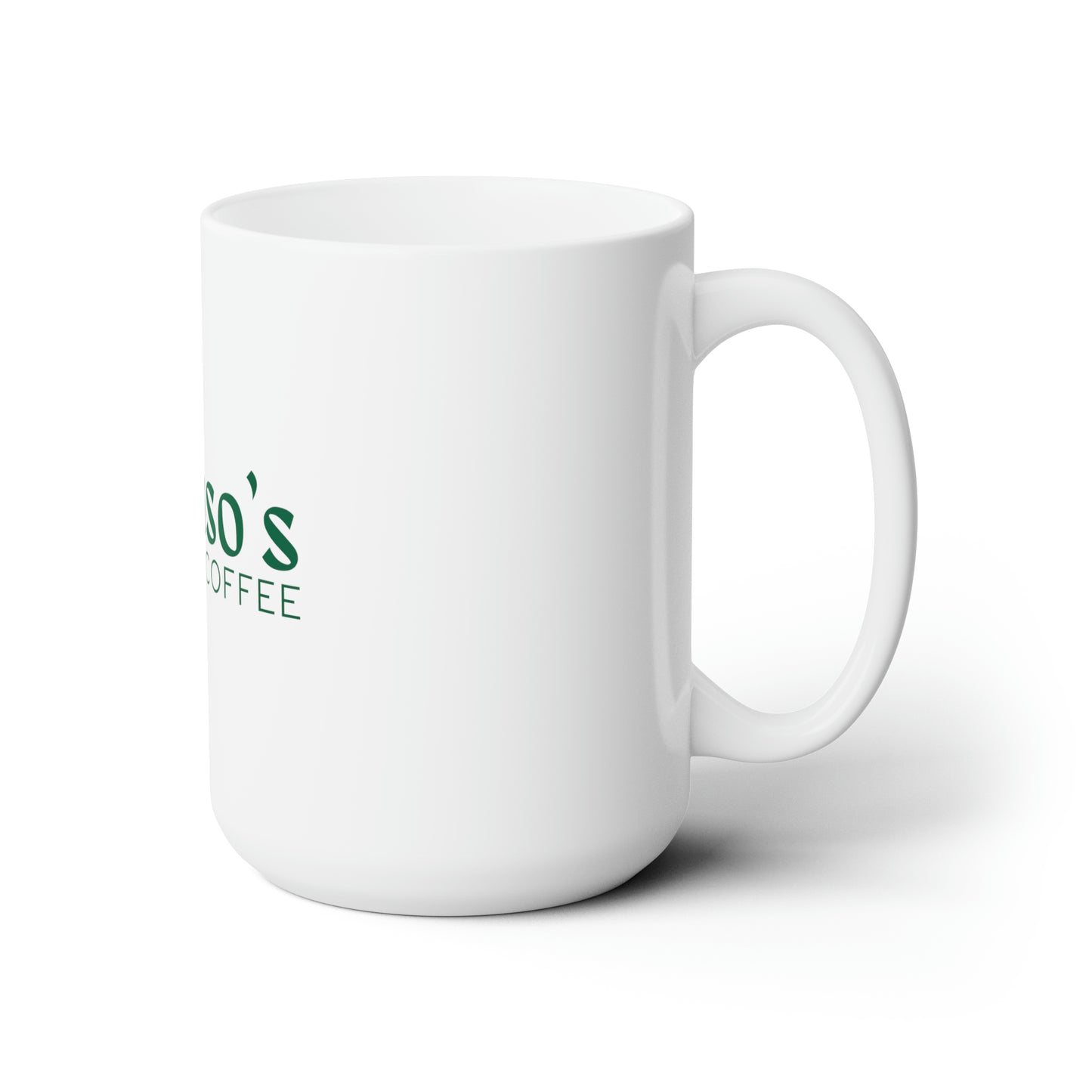 White ceramic mug (15 oz) with handle, showing a partial view of the Alfonso's Coffee logo in green.