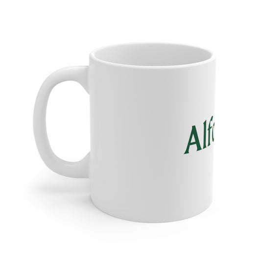 White ceramic mug with handle, displaying the Alfonso's Coffee logo in green.