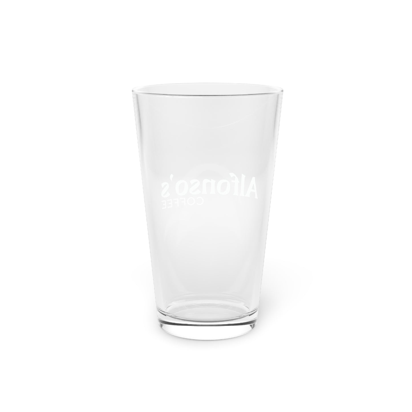 Rear view of a clear pint glass (16 oz) with Alfonso's Coffee logo visible in reverse.