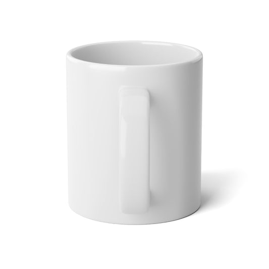 Rear view of a white jumbo mug (20 oz) with handle.