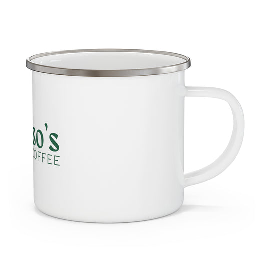 White enamel camping mug (12 oz) with handle and a metallic rim, displaying the Alfonso's Coffee logo in green.