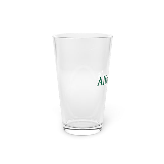 Side view of a clear pint glass (16 oz) with Alfonso's Coffee logo partially visible.