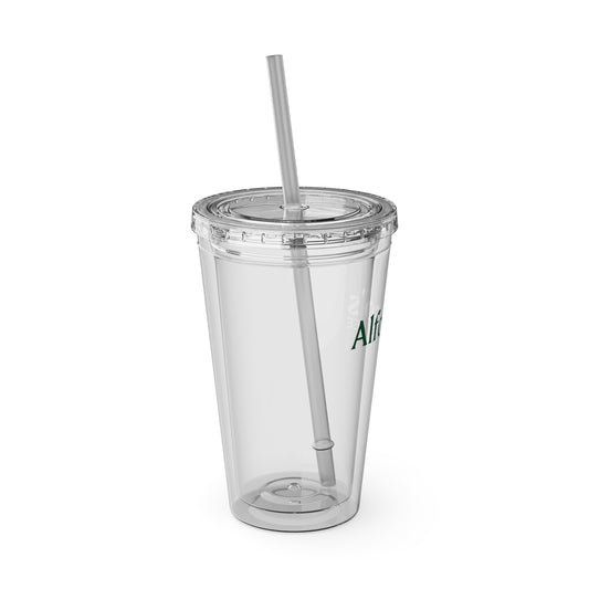 Angled view of a clear 16 oz tumbler with a straw, showcasing the 'Alfonso's Coffee' logo in green. The design includes a sturdy, spill-proof lid, making it perfect for travel and daily use.