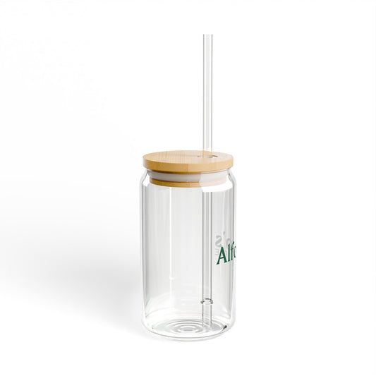 Side view of a cylindrical 16 oz sipper glass with 'Alfo' visible in green on the side, part of the 'Alfonso's Coffee' logo. The glass features a bamboo lid and a straight, clear straw, set against a white background.