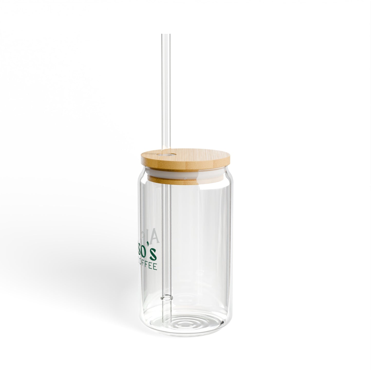 A 16 oz clear glass sipper with a bamboo lid and a clear straw, prominently displaying the 'Alfonso's Coffee' logo. The glass is designed for cold beverages, showcasing a sleek and modern look suitable for coffee lovers.