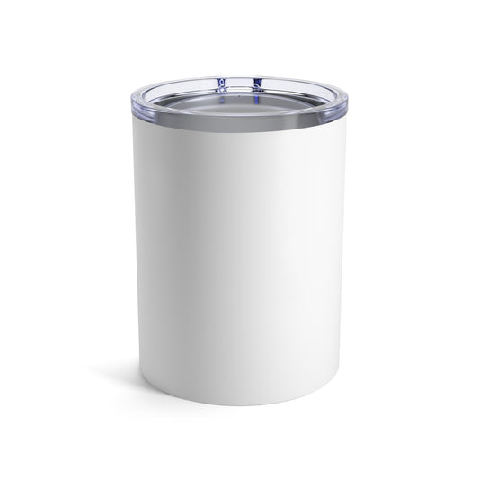 Top view of a white 10 oz tumbler showing the stainless steel interior and the edge of the lid. The tumbler's compact design is suitable for coffee, tea, or any beverage on the go.