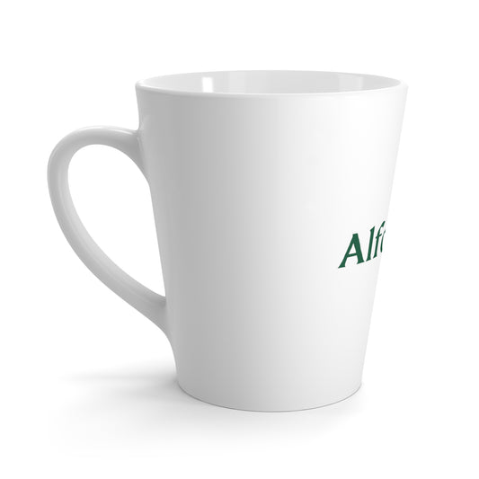 Side view of a white latte mug with Alfonso's Coffee logo in green, showing the handle.
