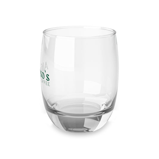 Front view of Alfonso's Coffee 6 oz whiskey glass with logo, perfect for sipping espresso or whiskey.