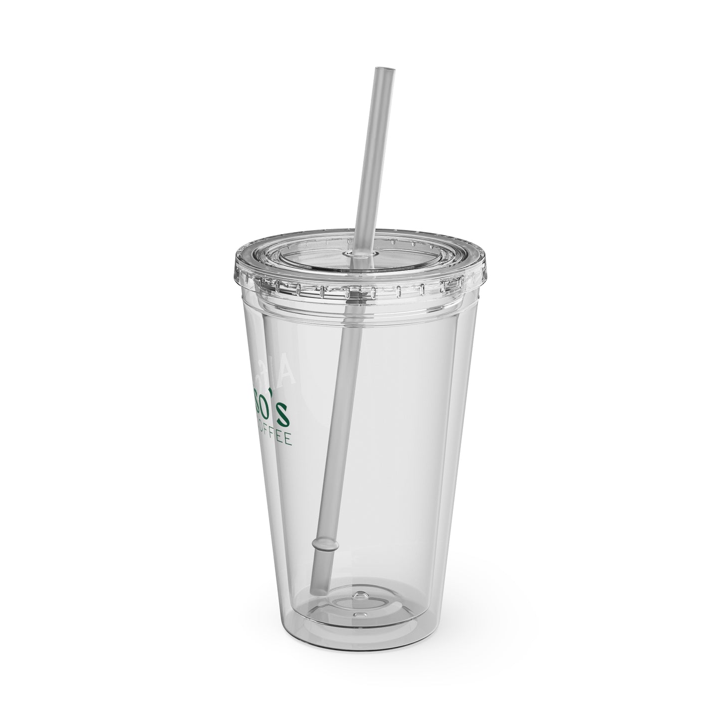 Side view of a clear 16 oz tumbler branded with 'Alfonso's Coffee' in green, equipped with a straw and a tightly sealed lid. The tumbler's design is sleek and functional, suitable for a variety of beverages.