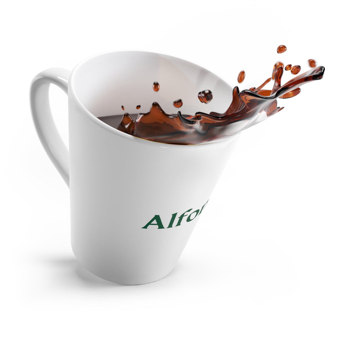 White latte mug with Alfonso's Coffee logo in green, coffee splashing out of the mug.