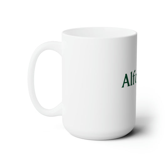 White ceramic mug (15 oz) with handle, displaying the Alfonso's Coffee logo in green.
