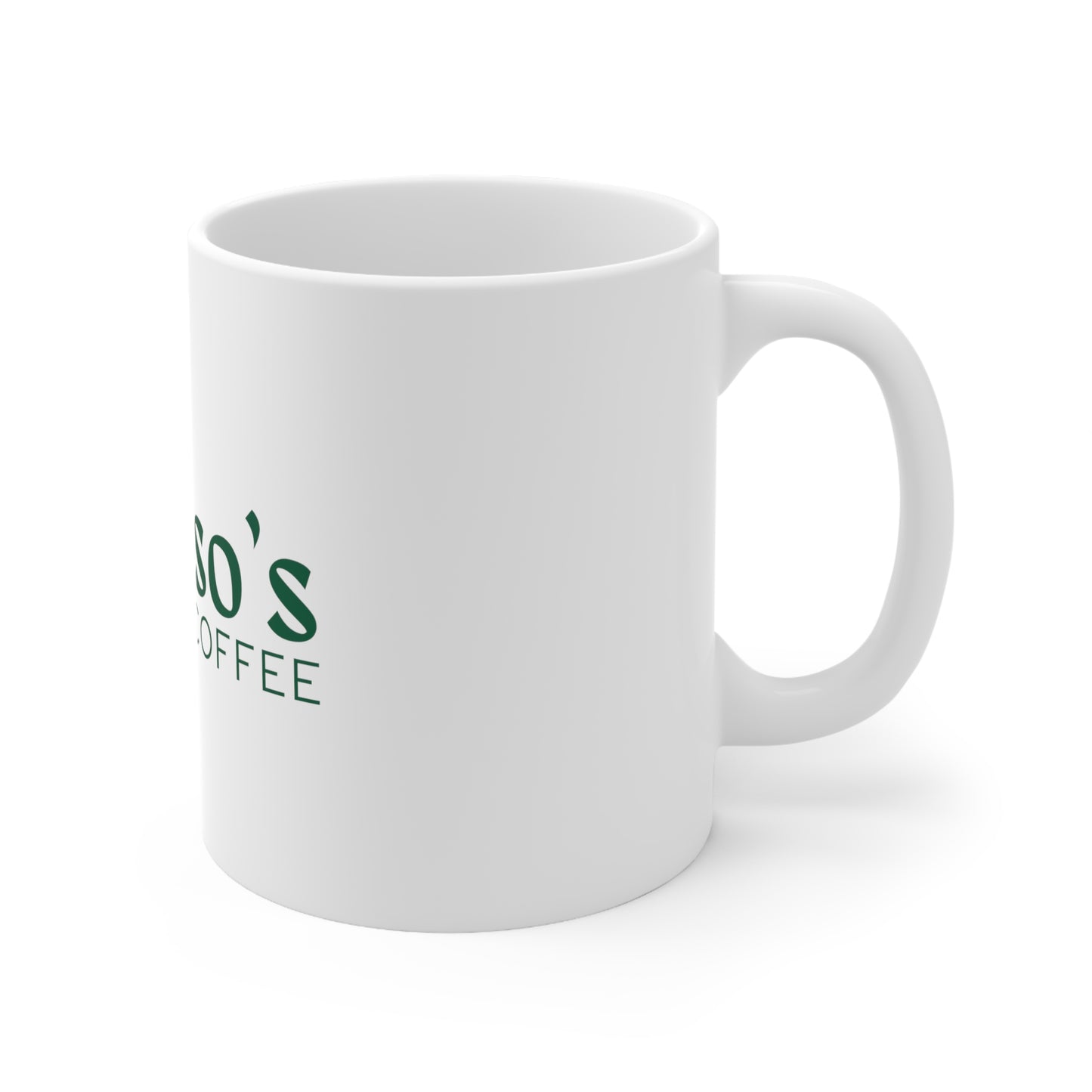 White ceramic mug with handle, showing a partial view of the Alfonso's Coffee logo in green.