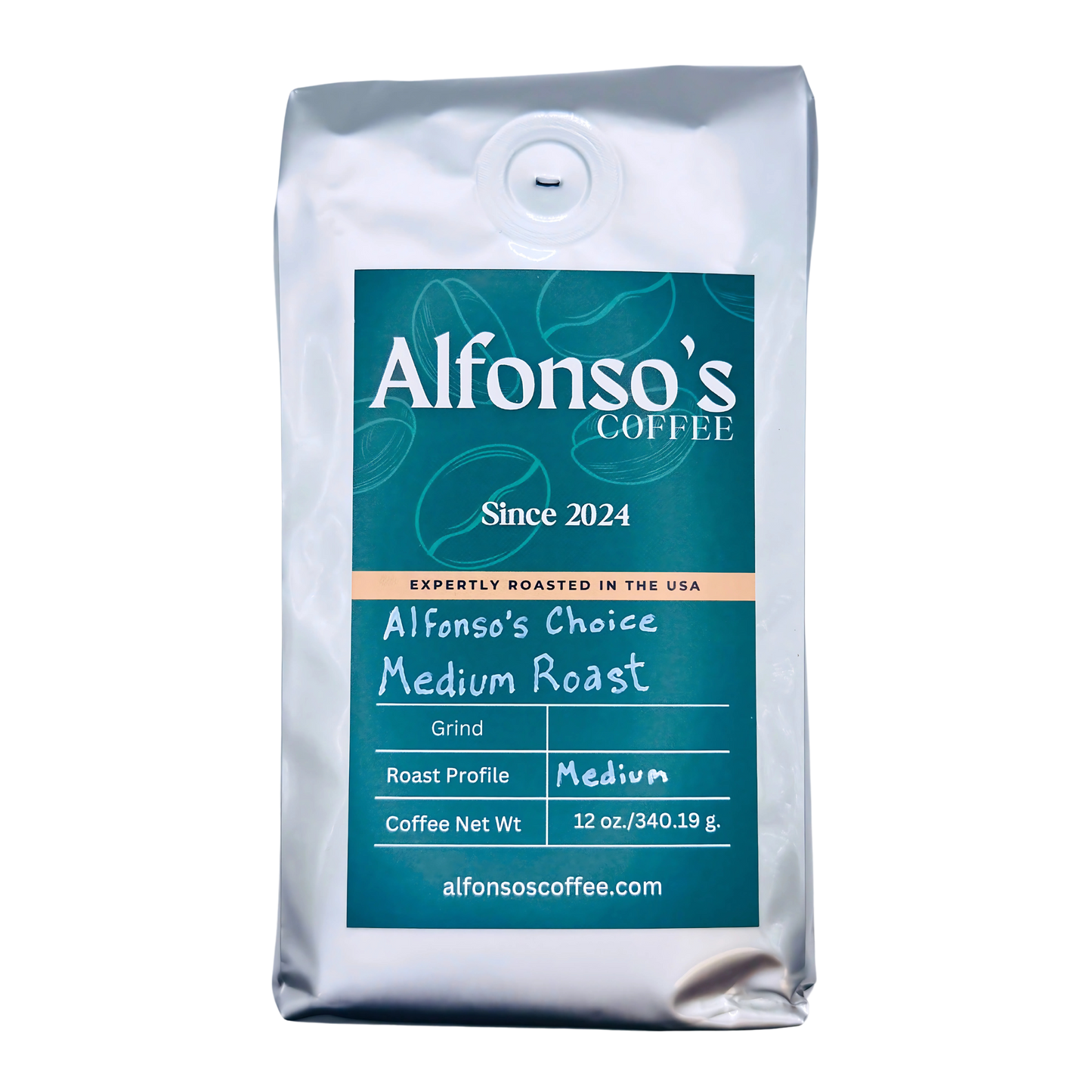 A 12 oz bag of Alfonso's Coffee Alfonso's Choice Medium Roast. The clean, green packaging features the Alfonso's Coffee logo with "Since 2024" and "Expertly Roasted in the USA." Labeled as a "Medium" roast, this bag represents a hand-selected choice of coffee, expertly curated for those who want a surprise blend crafted to satisfy any coffee lover's palate.