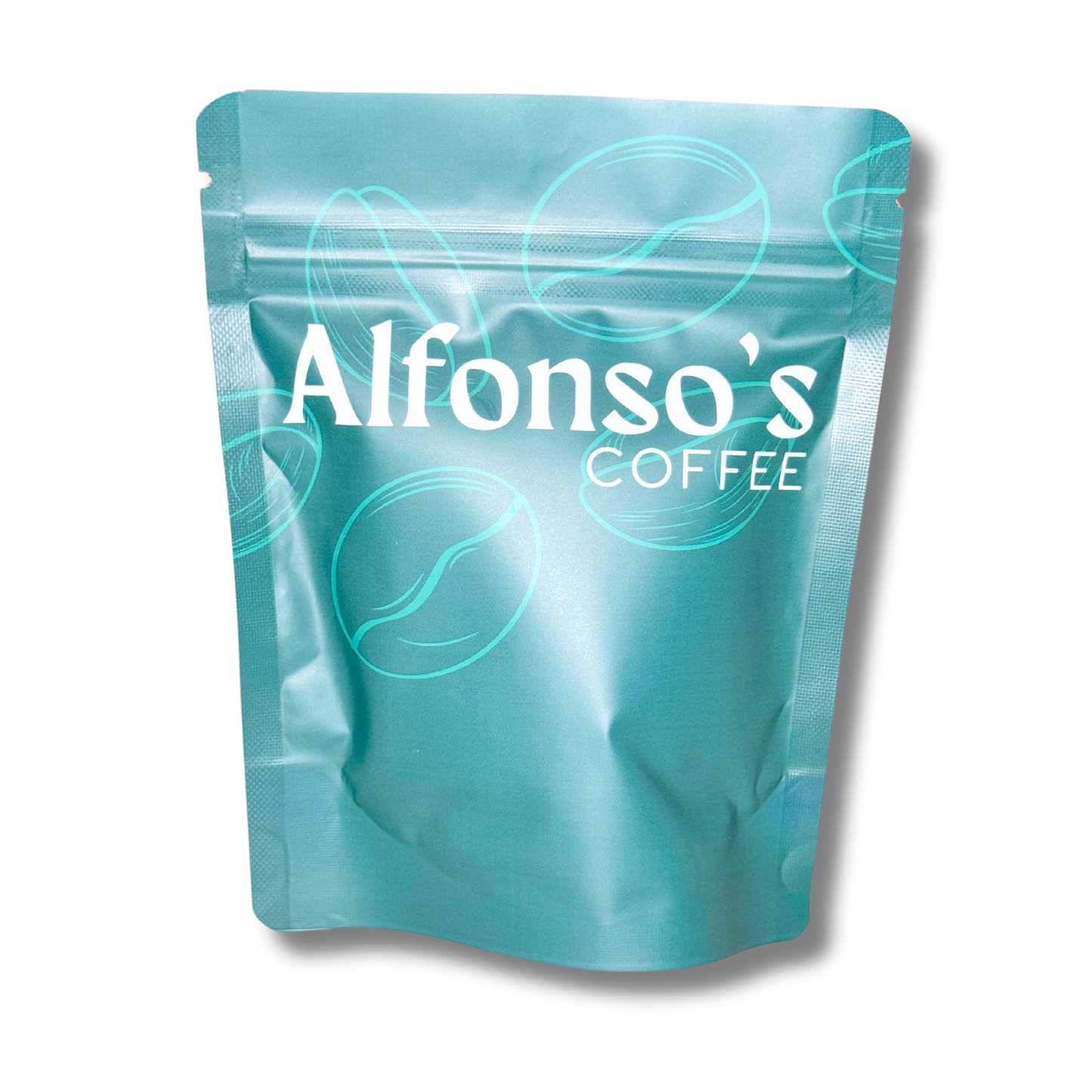 A photograph of the back of a teal-colored coffee bag from Alfonso's Coffee. The bag features a minimalist design with the Alfonso's Coffee logo prominently displayed. The background is a clean white, highlighting the modern and elegant packaging of the product. The bag appears to be resealable, ensuring the freshness of the coffee grounds inside.