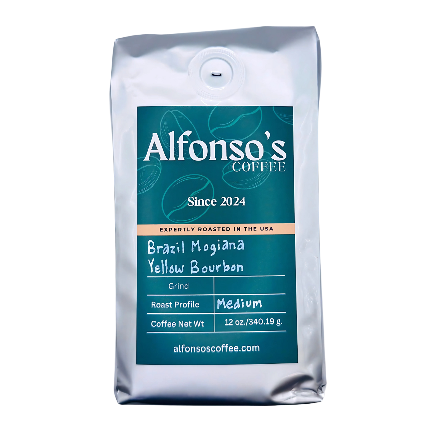 A 12 oz bag of Alfonso's Coffee Brazil Mogiana Yellow Bourbon. The green label displays the Alfonso's Coffee logo, "Since 2024," and the tagline "Expertly Roasted in the USA." The roast profile is marked as "Medium," highlighting this coffee’s smooth and rich flavor.