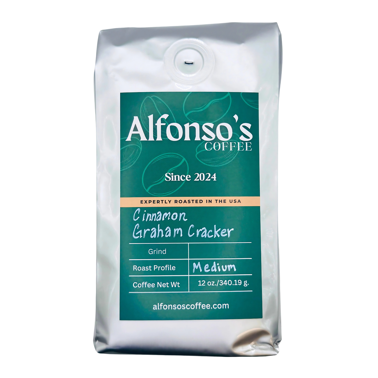 Bag of Alfonso's Coffee labeled 'Cinnamon Graham Cracker' with a medium roast profile. The packaging features a stylish green and white design with the tagline 'Since 2024' and 'Expertly Roasted in the USA.' The bag weighs 12 oz (340.19 g) and includes Alfonso's Coffee branding along with a freshness valve at the top.
