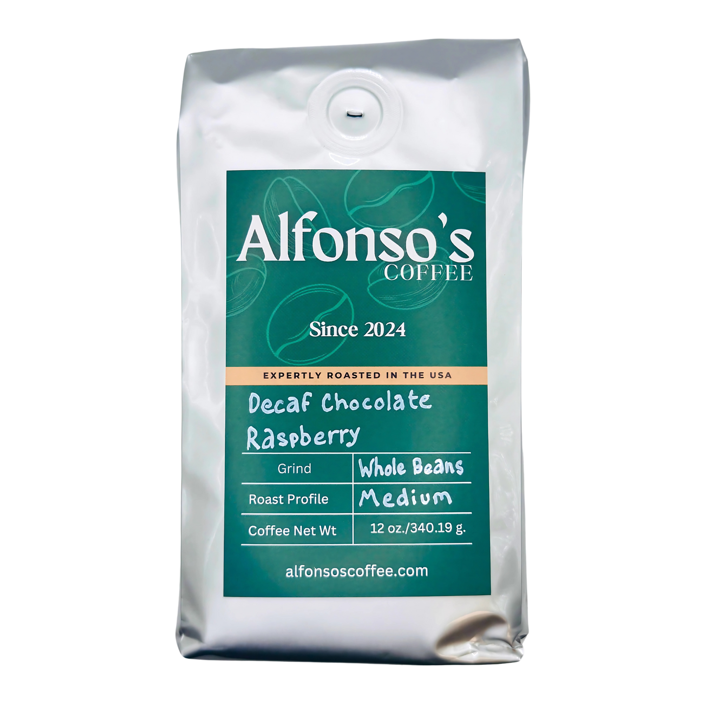 Bag of Alfonso's Coffee labeled 'Decaf Chocolate Raspberry' with a medium roast profile and whole beans. The packaging showcases a sleek green and white design with the tagline 'Since 2024' and 'Expertly Roasted in the USA.' The bag weighs 12 oz (340.19 g) and features Alfonso's Coffee branding with a freshness valve at the top.