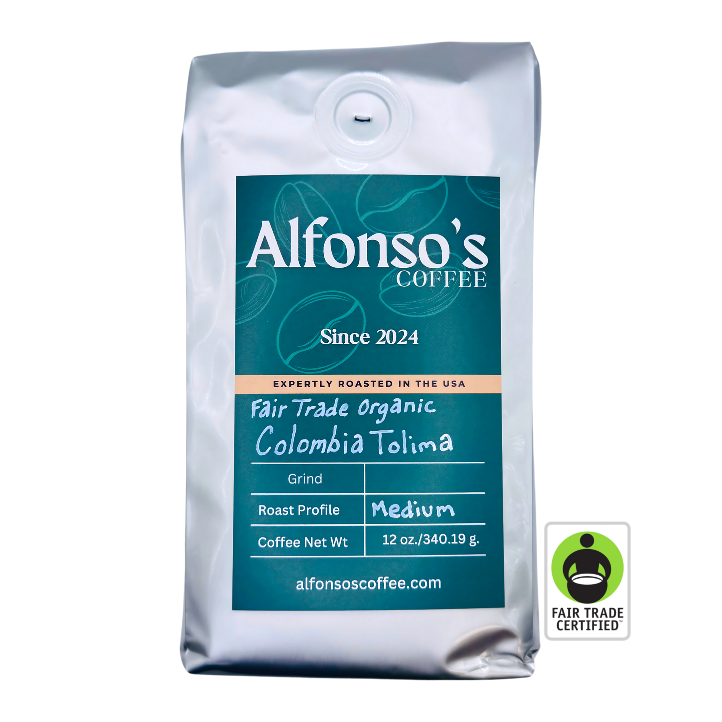 A 12 oz bag of Alfonso's Coffee Fair Trade Organic Colombia Tolima. The bag has a green background and features the Alfonso's Coffee logo with "Since 2024" and "Expertly Roasted in the USA." This medium roast highlights its ethical sourcing from Tolima, Colombia, and proudly displays a Fair Trade Certified badge. Perfect for coffee enthusiasts seeking rich flavor and sustainability.