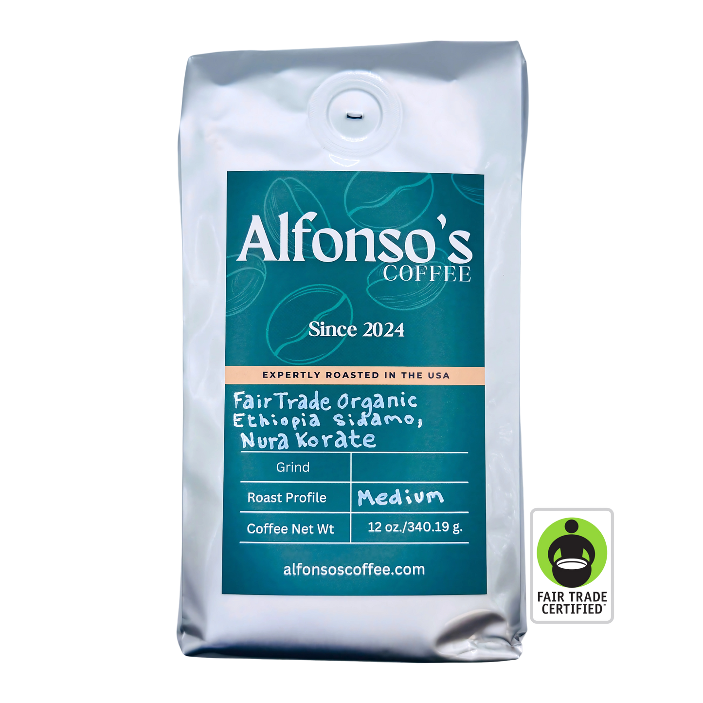 A 12 oz bag of Alfonso's Coffee Fair Trade Organic Ethiopia Sidamo, Nura Korate. The sleek green packaging showcases the Alfonso's Coffee logo, "Since 2024," and "Expertly Roasted in the USA." This medium roast coffee highlights its ethically sourced origins from the Sidamo region of Ethiopia, featuring a Fair Trade Certified badge. Known for its rich and vibrant flavor profile, perfect for coffee enthusiasts seeking quality and sustainability.
