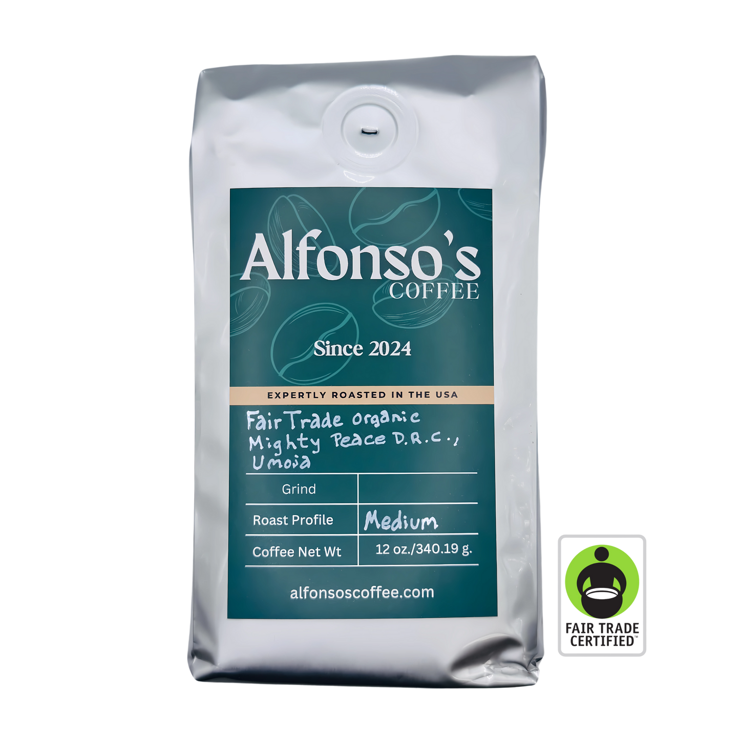 A 12 oz bag of Alfonso's Coffee Fair Trade Organic Mighty Peace D.R.C., Umoja. The green label highlights the Alfonso's Coffee logo with "Since 2024" and "Expertly Roasted in the USA." The roast profile is marked as "Medium," emphasizing a high-quality, ethical coffee sourced from the Democratic Republic of Congo. A Fair Trade Certified logo is displayed, reinforcing the commitment to sustainability and supporting farmers.