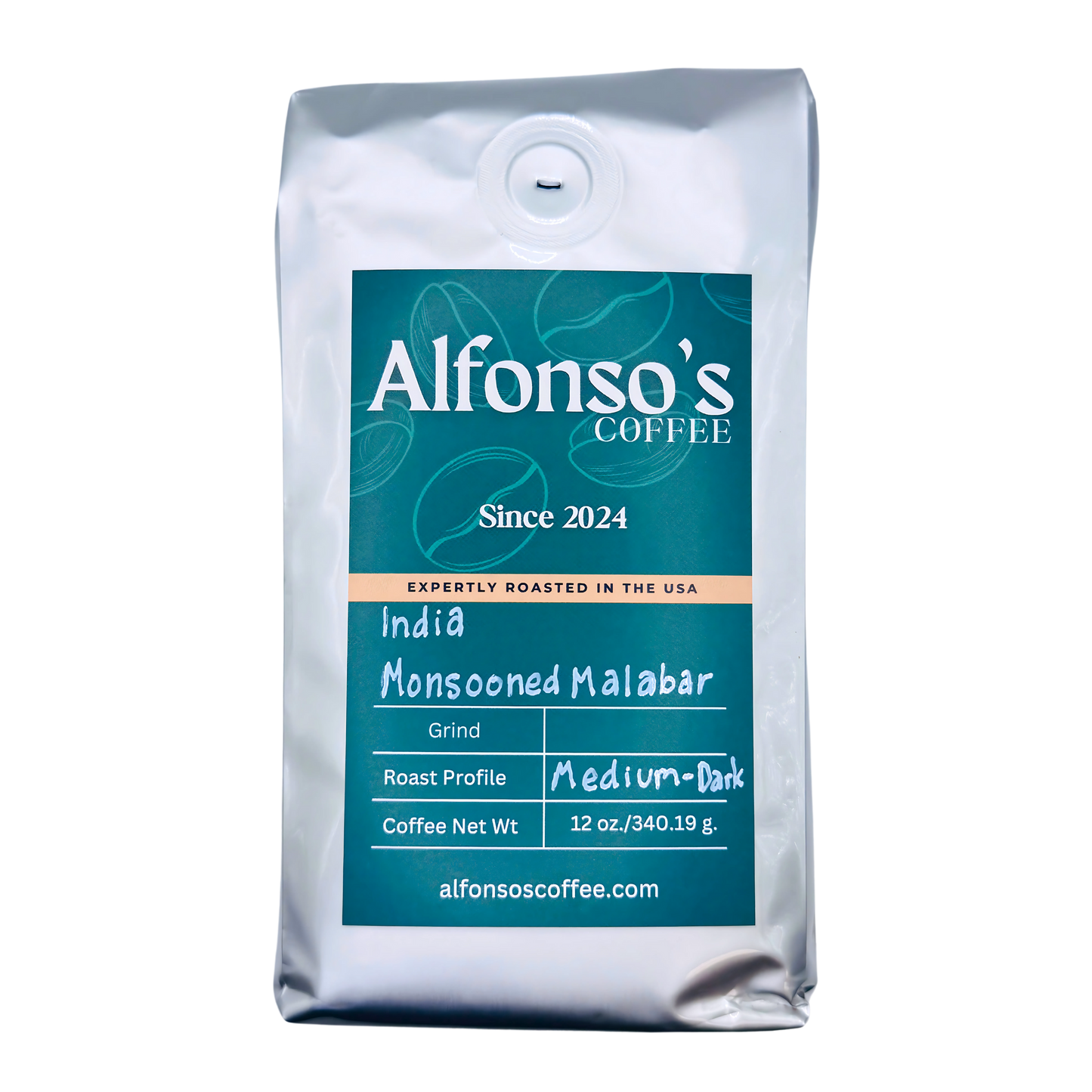 A 12 oz bag of Alfonso's Coffee India Monsooned Malabar. The sleek green packaging features the Alfonso's Coffee logo, "Since 2024," and "Expertly Roasted in the USA." This "Medium-Dark" roast offers bold and unique tasting notes of earthy, spicy, and smoky flavors. Crafted for those seeking a rich and adventurous coffee experience from India.