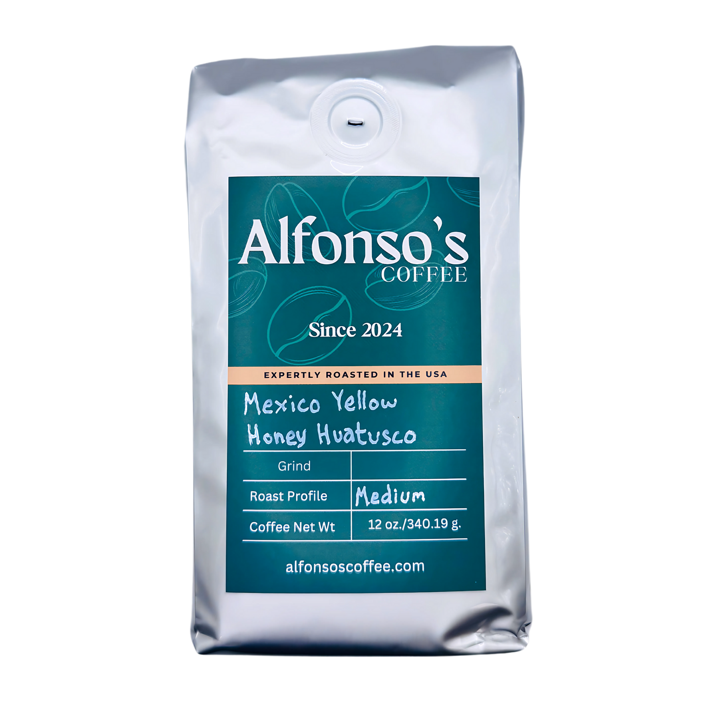 A 12 oz bag of Alfonso's Coffee Mexico Yellow Honey Huatusco. The green label features the Alfonso's Coffee logo, "Since 2024," and the tagline "Expertly Roasted in the USA." The roast profile is listed as "Medium," highlighting this coffee's carefully crafted flavor profile.