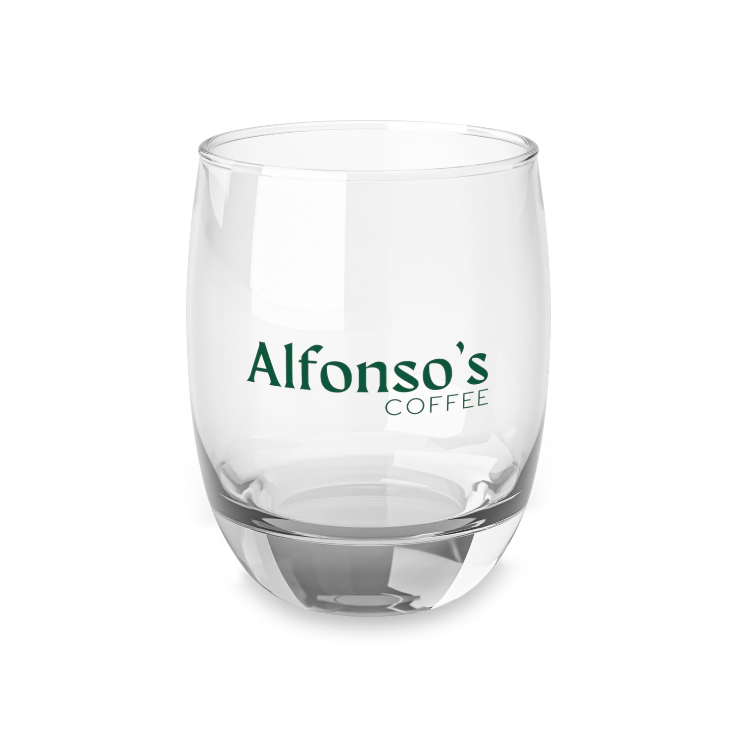 Alfonso's Coffee branded whiskey glass, 6 oz, with logo displayed on clear glass, ideal for enjoying espresso.