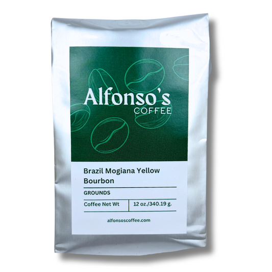 Alfonso's Coffee Brazil Mogiana Yellow Bourbon, Grounds, 12 oz coffee bag with green and white label.