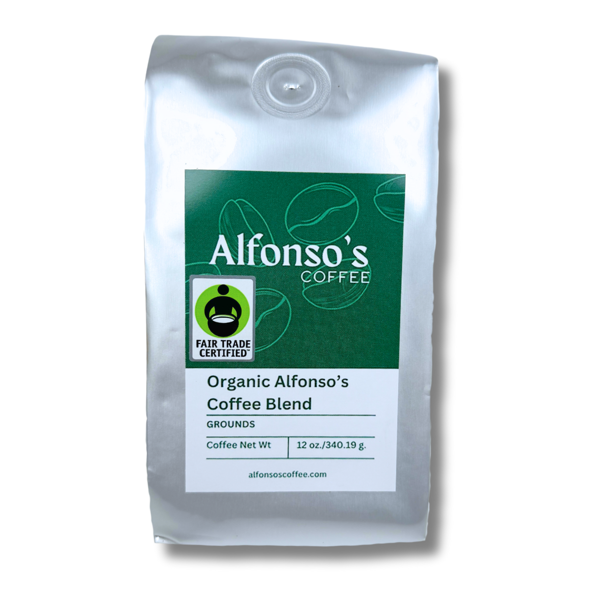 Alfonso's Coffee Organic Alfonso’s Coffee Blend, Grounds, Fair Trade Certified, 12 oz coffee bag with green and white label.