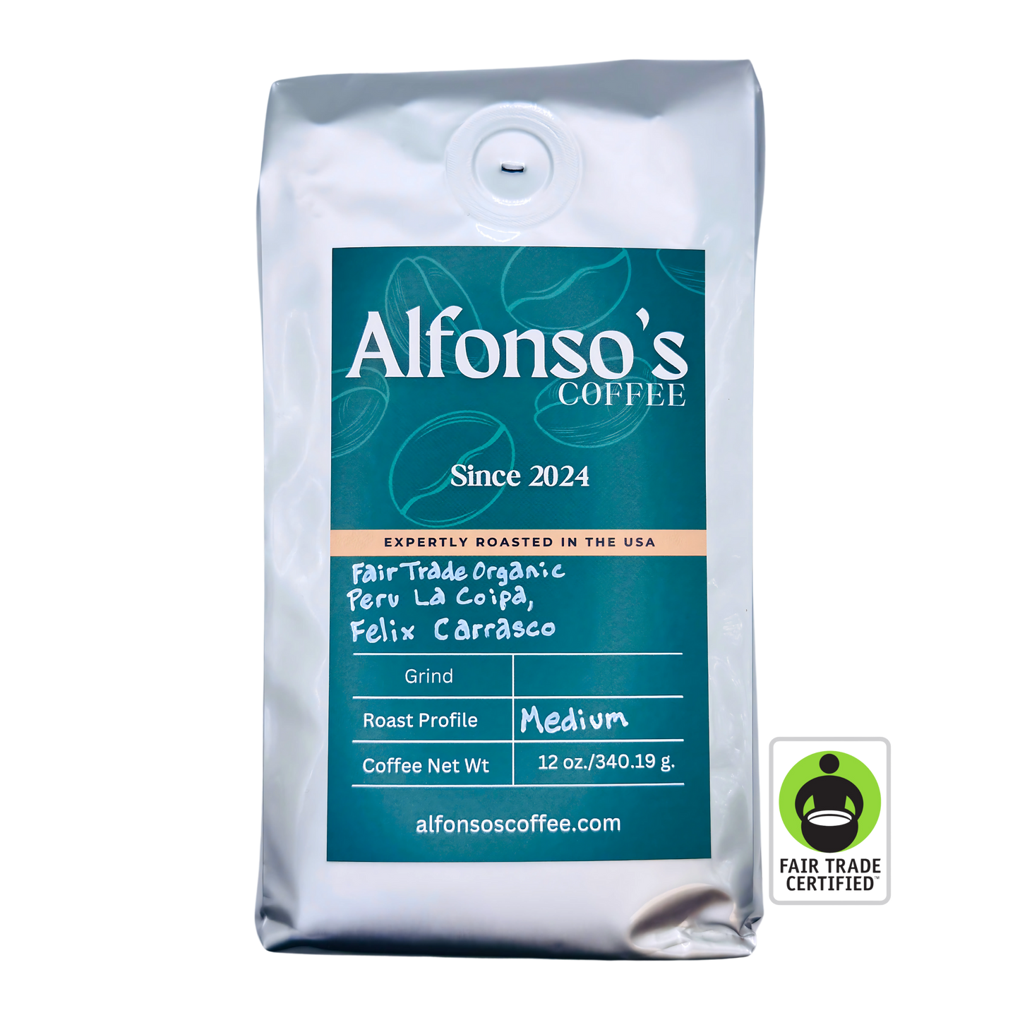 A 12 oz bag of Alfonso's Coffee Fair Trade Organic Peru La Coipa, Felix Carrasco. The bag features a green design with the Alfonso's Coffee logo, "Since 2024," and "Expertly Roasted in the USA." This medium roast coffee highlights the unique flavor profile from La Coipa, Peru, grown by Felix Carrasco. A Fair Trade Certified badge is visible, emphasizing sustainable and ethical sourcing.