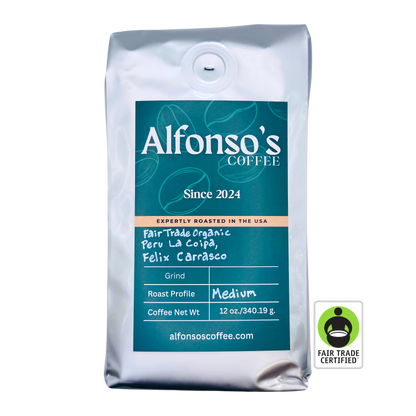 A 12 oz bag of Alfonso's Coffee Fair Trade Organic Peru La Coipa, Felix Carrasco. The bag features a green design with the Alfonso's Coffee logo, "Since 2024," and "Expertly Roasted in the USA." This medium roast coffee highlights the unique flavor profile from La Coipa, Peru, grown by Felix Carrasco. A Fair Trade Certified badge is visible, emphasizing sustainable and ethical sourcing.