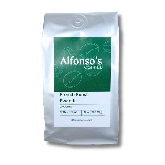 Alfonso's Coffee French Roast Rwanda, Grounds, 12 oz coffee bag with green and white label.