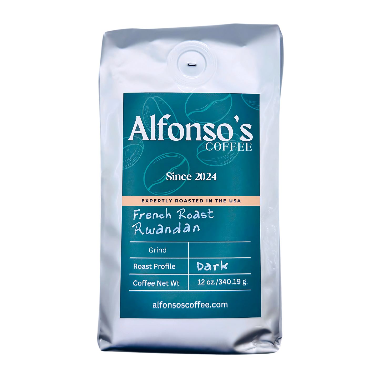 A 12 oz bag of Alfonso's Coffee French Roast Rwandan. The green label showcases the Alfonso's Coffee logo, "Since 2024," and the tagline "Expertly Roasted in the USA." The roast profile is marked as "Dark," emphasizing this bold and flavorful French roast.