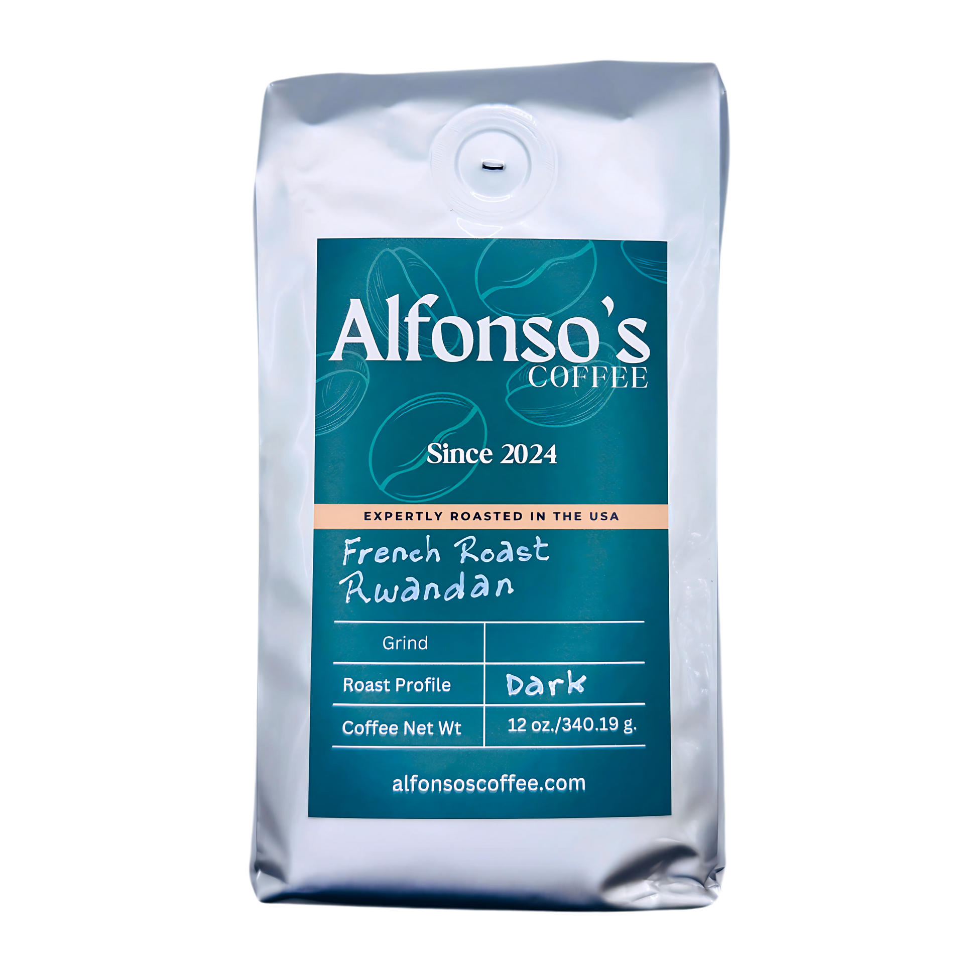 A 12 oz bag of Alfonso's Coffee French Roast Rwandan. The green label showcases the Alfonso's Coffee logo, "Since 2024," and the tagline "Expertly Roasted in the USA." The roast profile is marked as "Dark," emphasizing this bold and flavorful French roast.