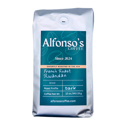 A 12 oz bag of Alfonso's Coffee French Roast Rwandan. The green label showcases the Alfonso's Coffee logo, "Since 2024," and the tagline "Expertly Roasted in the USA." The roast profile is marked as "Dark," emphasizing this bold and flavorful French roast.