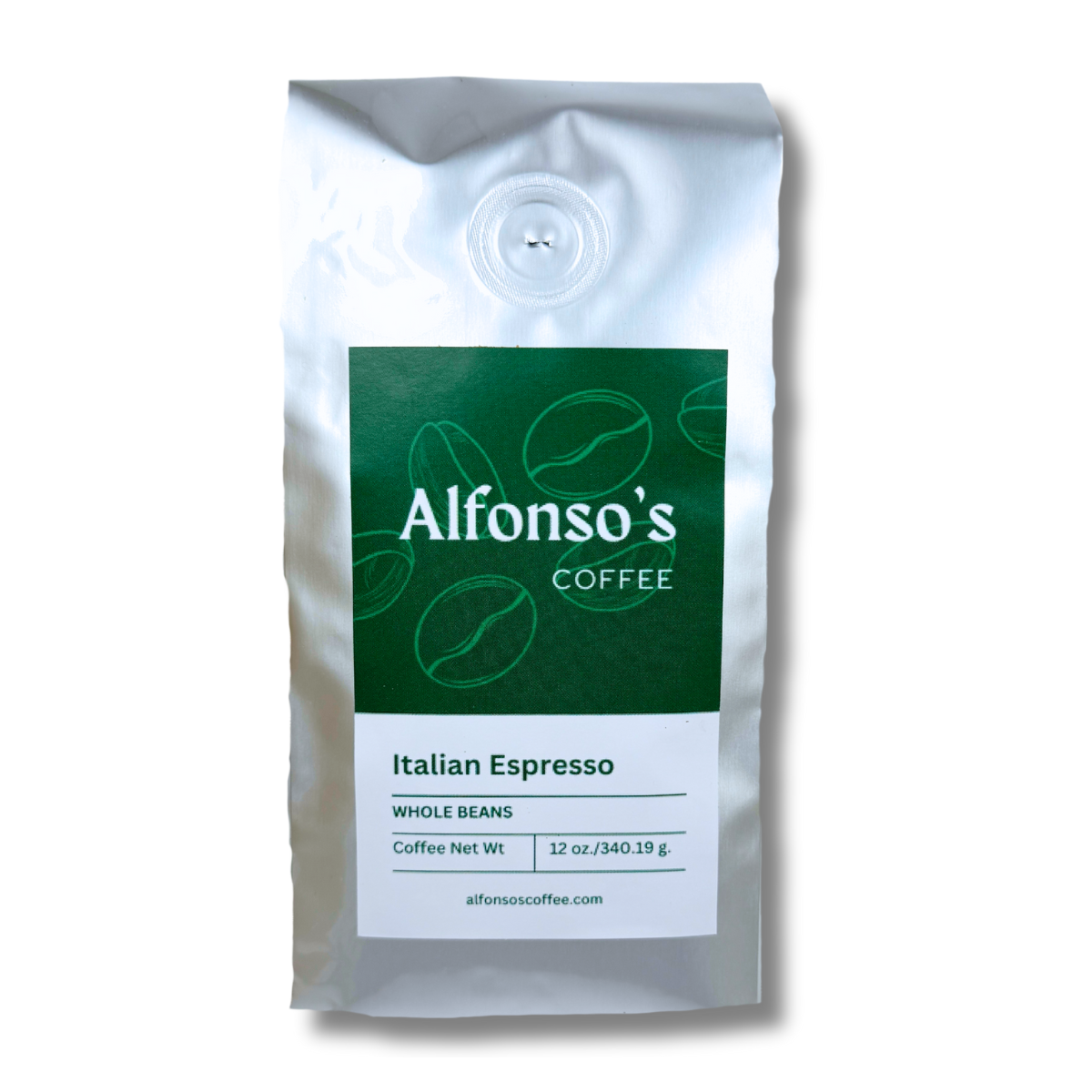 Alfonso's Coffee Italian Espresso, Whole Beans, 12 oz coffee bag with green and white label.