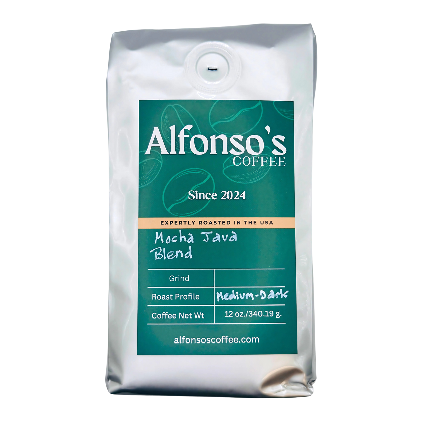 Bag of Alfonso's Coffee labeled Mocha Java Blend with a medium-dark roast profile. The packaging features a modern green and white design with the tagline Since 2024 and Expertly Roasted in the USA. The bag weighs 12 oz (340.19 g) and includes Alfonso's Coffee branding with a freshness valve at the top.