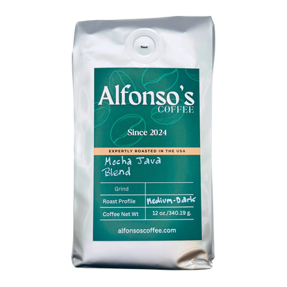 Bag of Alfonso's Coffee labeled Mocha Java Blend with a medium-dark roast profile. The packaging features a modern green and white design with the tagline Since 2024 and Expertly Roasted in the USA. The bag weighs 12 oz (340.19 g) and includes Alfonso's Coffee branding with a freshness valve at the top.